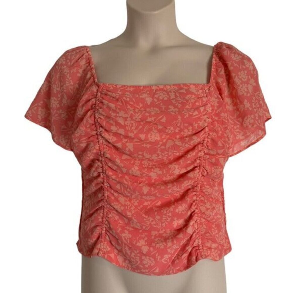 Lush Cropped Cap Sleeve Smocked Blouse Pink Size Large Floral Print NWOT